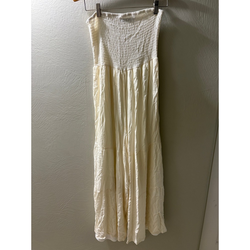 Fourteen Twelve Cream Smocked Strapless Wide Leg Jumpsuit Small Boho Palazzo